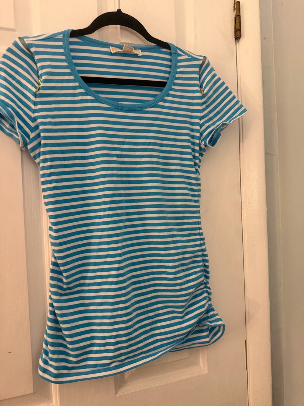 Michael Kors Turquoise Striped Gold Zipper Shoulder Top Medium